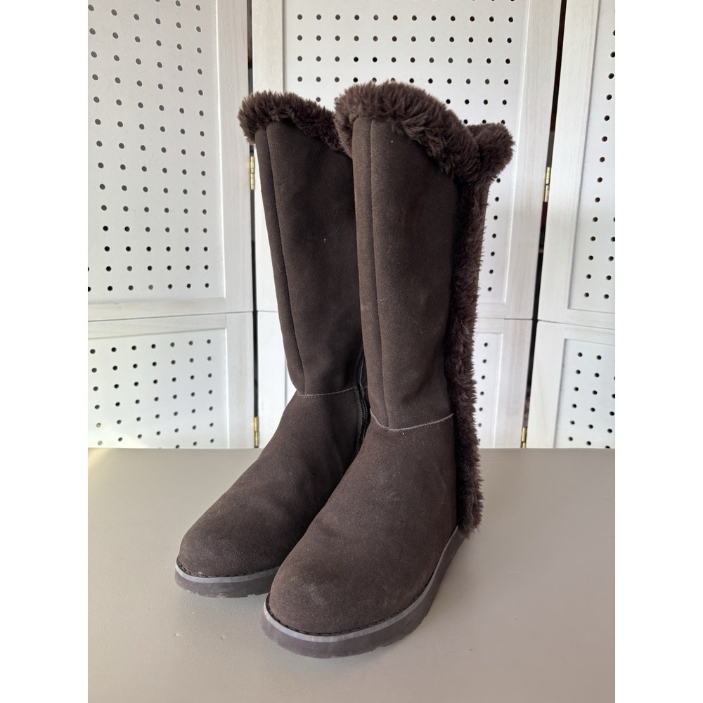 Lands' End Fuzzy Lined Tall Faux Suede Brown Boots Winter Snow Women's 6B